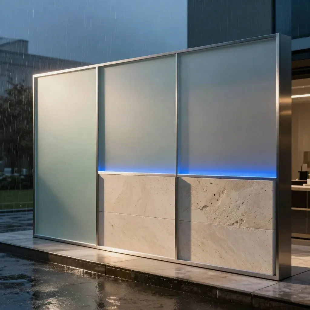Website-build sculpture with frosted panels, stone blocks and a blue accent in moody haze