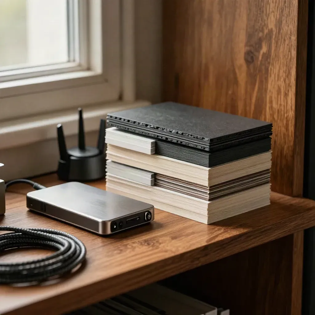 WordPress build blocks, external drive and router stacked on timber with cool rim light.