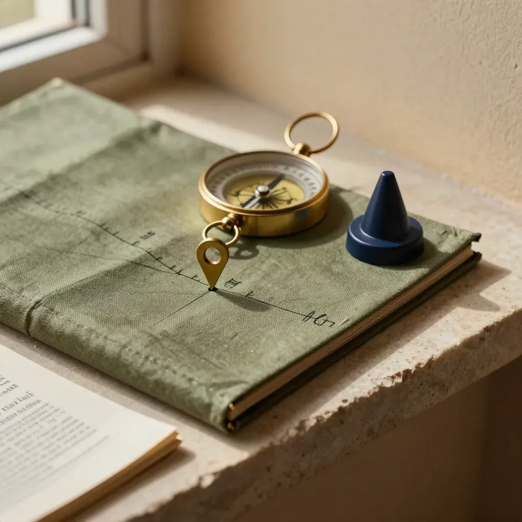 Flat lay of atlas, brass pins, compass and navy signal puck on stone in warm side light.