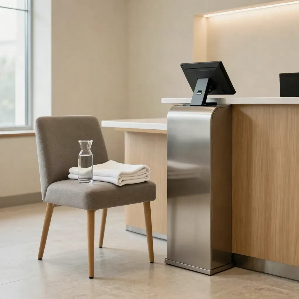 Clinic reception ready for bookings with chair, carafe, towels and check-in pedestal