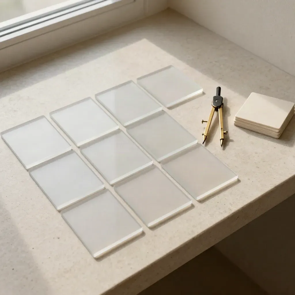 Overhead still life of frosted page cards, brass compass and cream tiles on pale stone