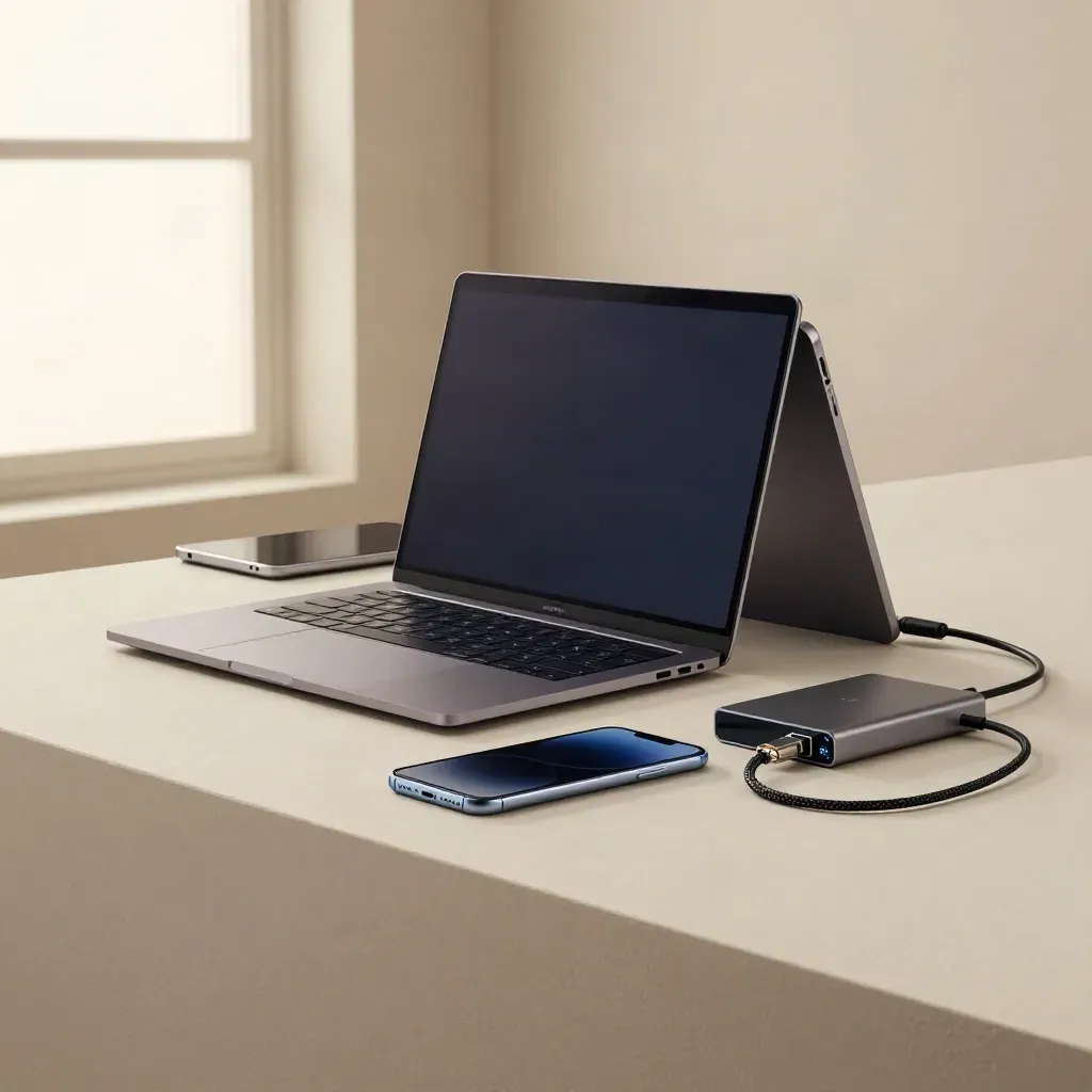 Laptop, tablet and phone with cable and SSD on a plaster sweep, blue status glow