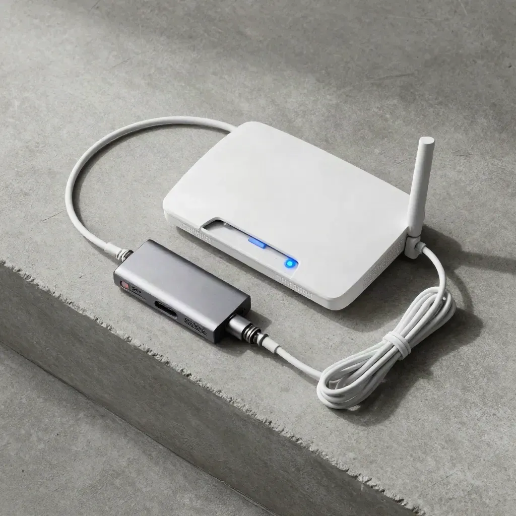 Top-down router, backup drive and status module on concrete, blue light glowing