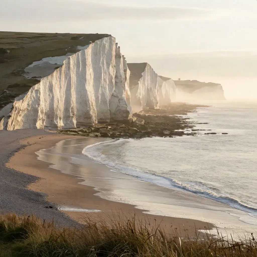 Seven Sisters cliffs above a misty pale sea at sunrise with calm tidal flats below.