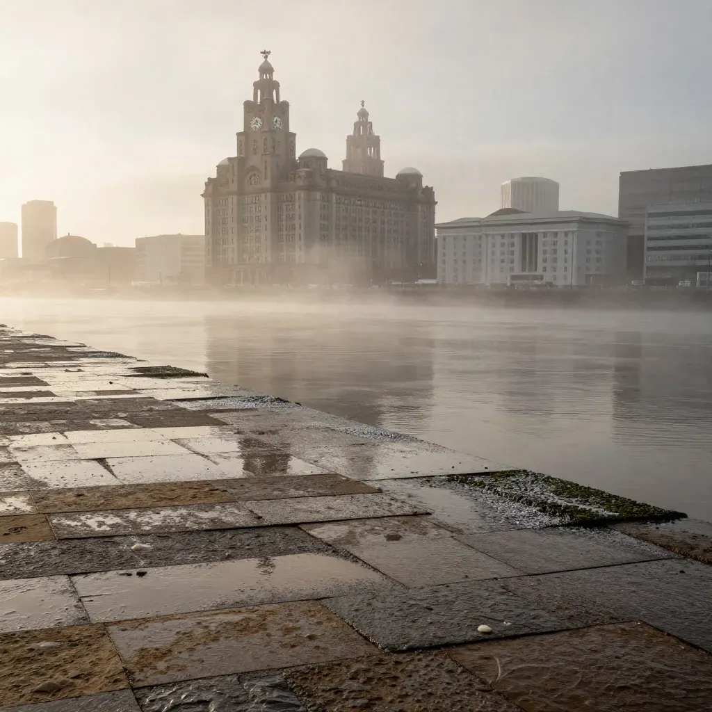 Misty Liverpool waterfront with the Three Graces above a rain-dark sandstone quay